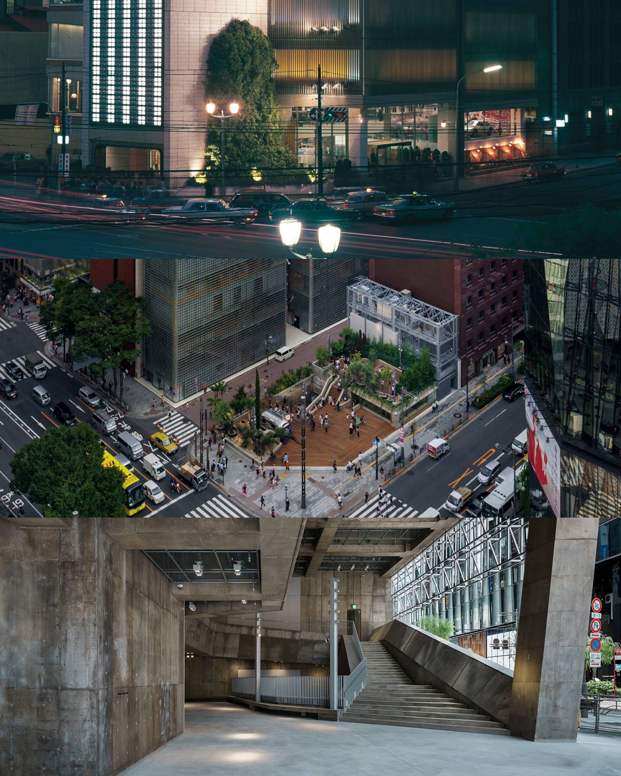 Sony Building exterior. Bird’s eye view of Ginza Sony Park. Interior view of Ginza Sony Park in its final form.