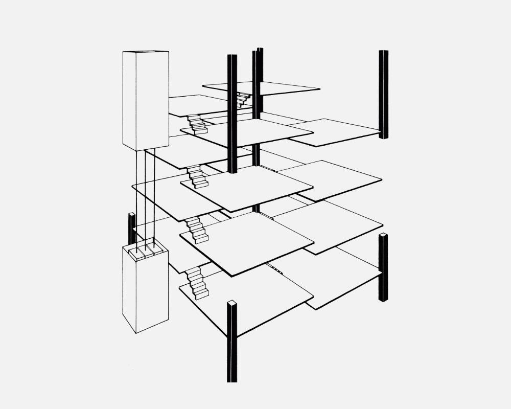 Drawing. The floors of the Sony Building are shown divided into square quadrants with differing heights in a flower petal structure centered around a pillar in the middle.