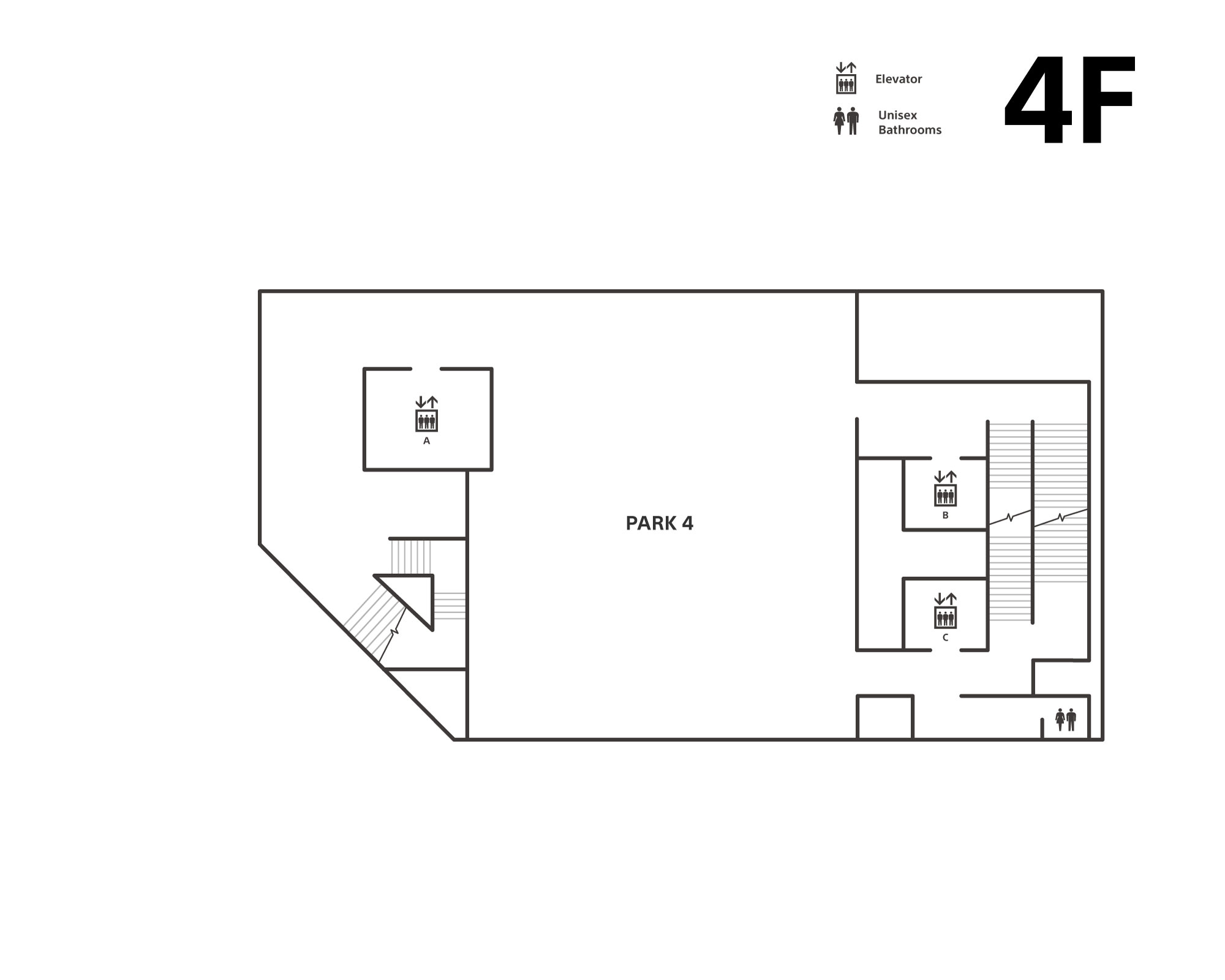 The fourth floor has activity area PARK 4. There are elevators (A, B, C), a unisex bathroom, and stairs.