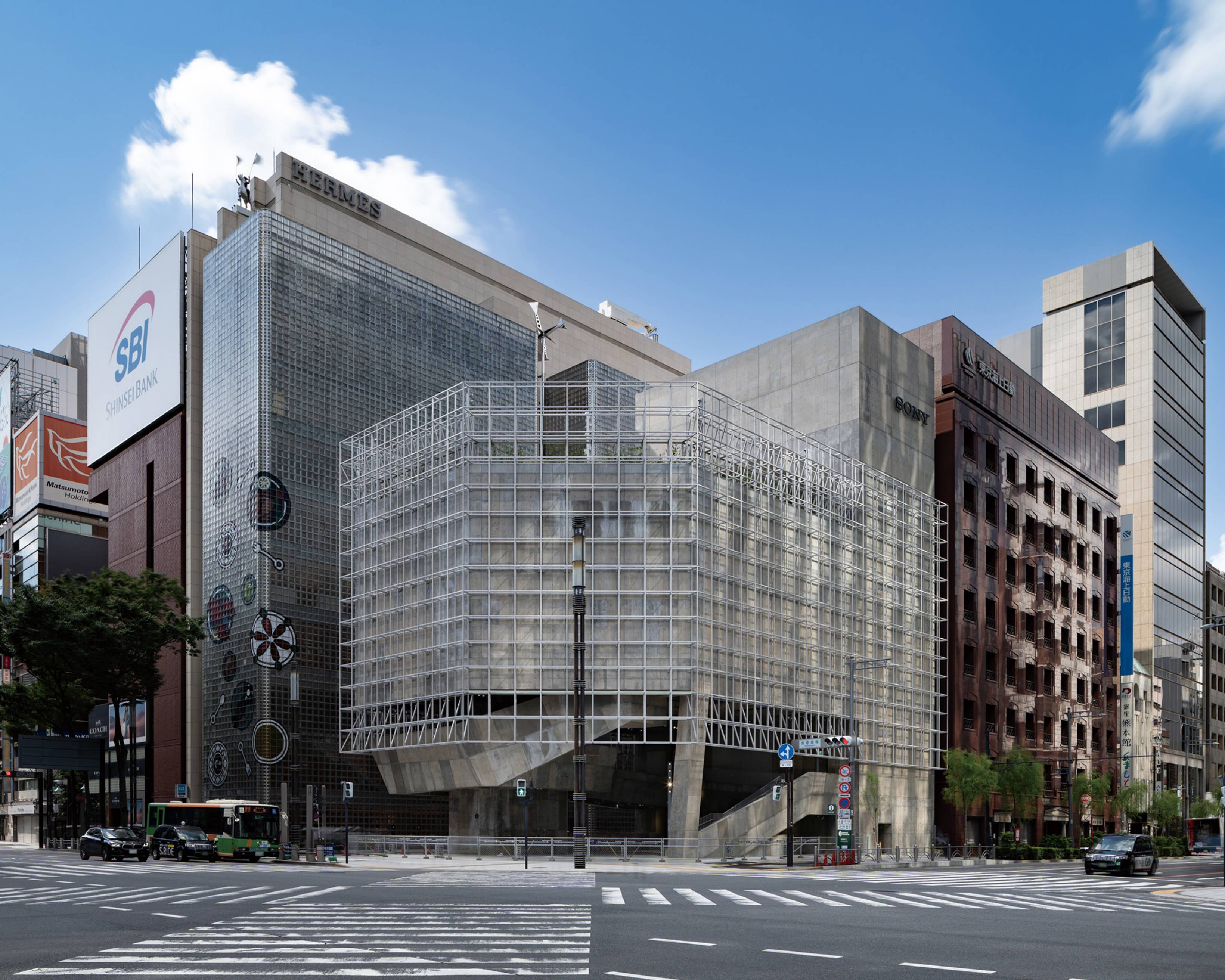 Exterior. Ginza Sony Park as seen from Sukiyabashi Crossing.