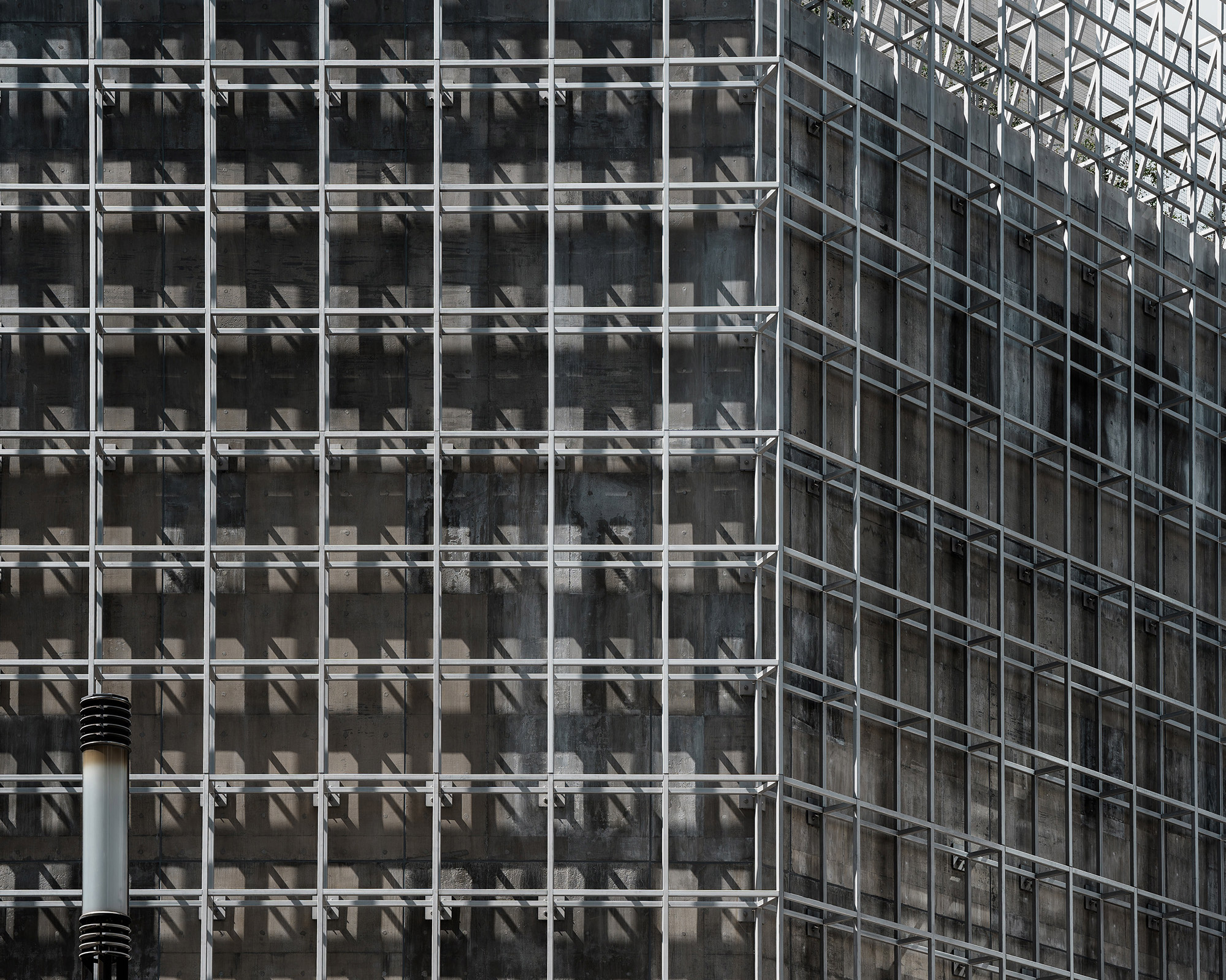 Exterior. Grid-like façade.