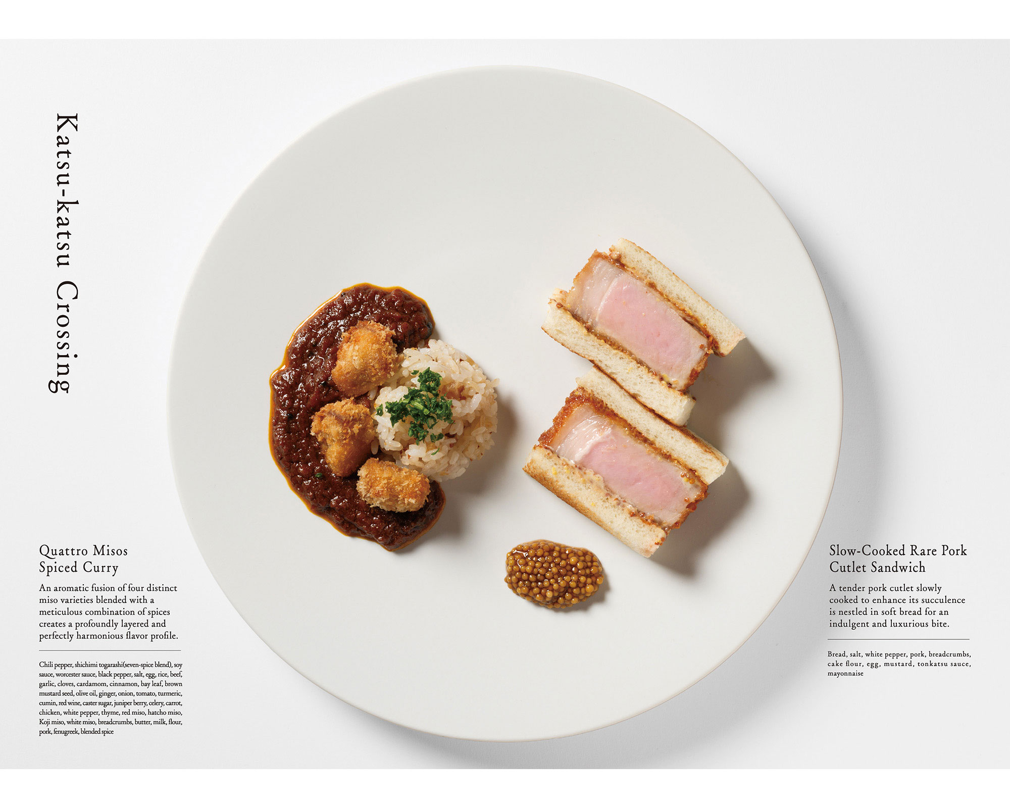 Curry rice is arranged on the left side of the white plate, with a cutlet sandwich on the right.