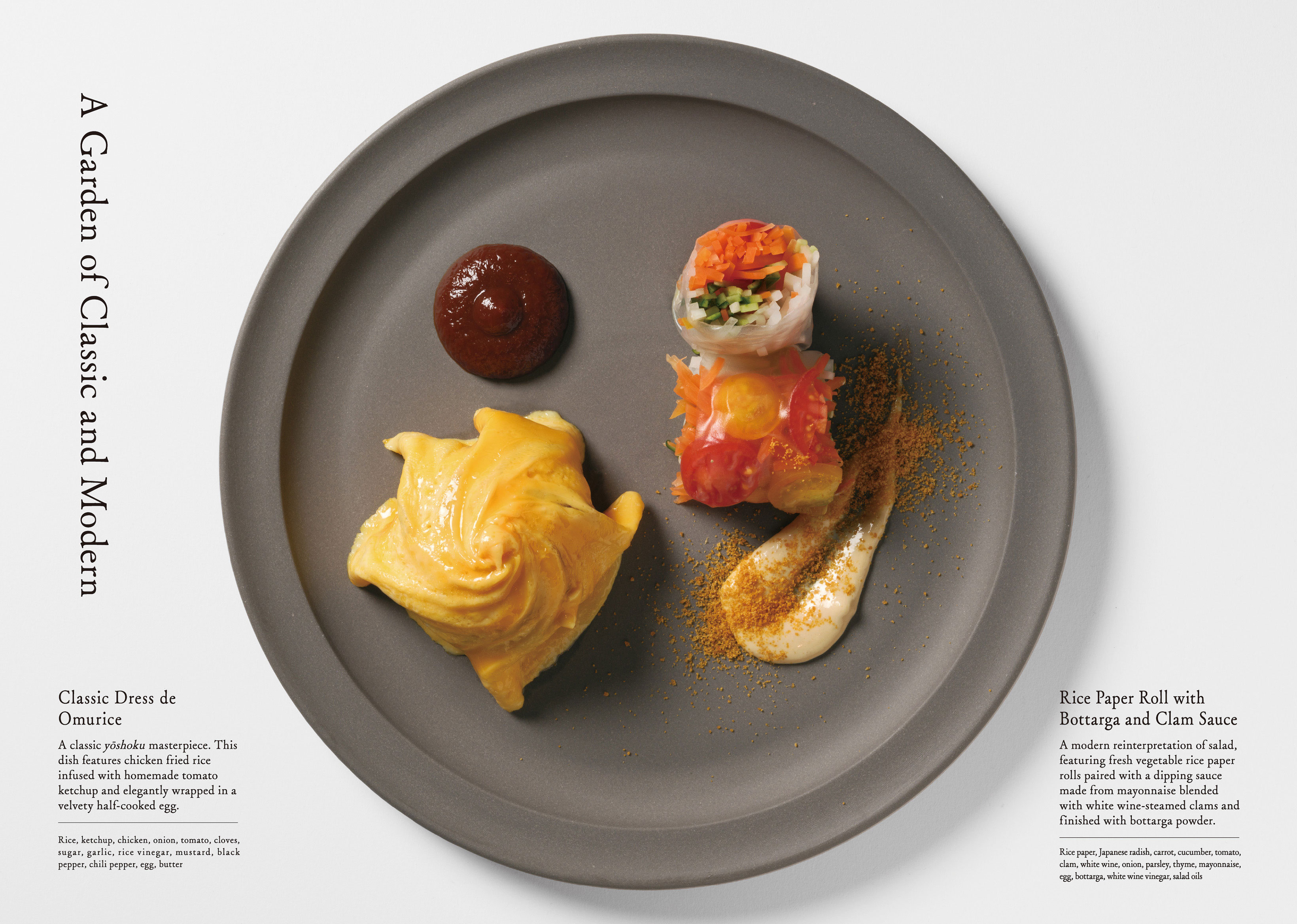 A dish photo of “A Garden of Classic and Modern.” It features omelet rice and fresh spring rolls.