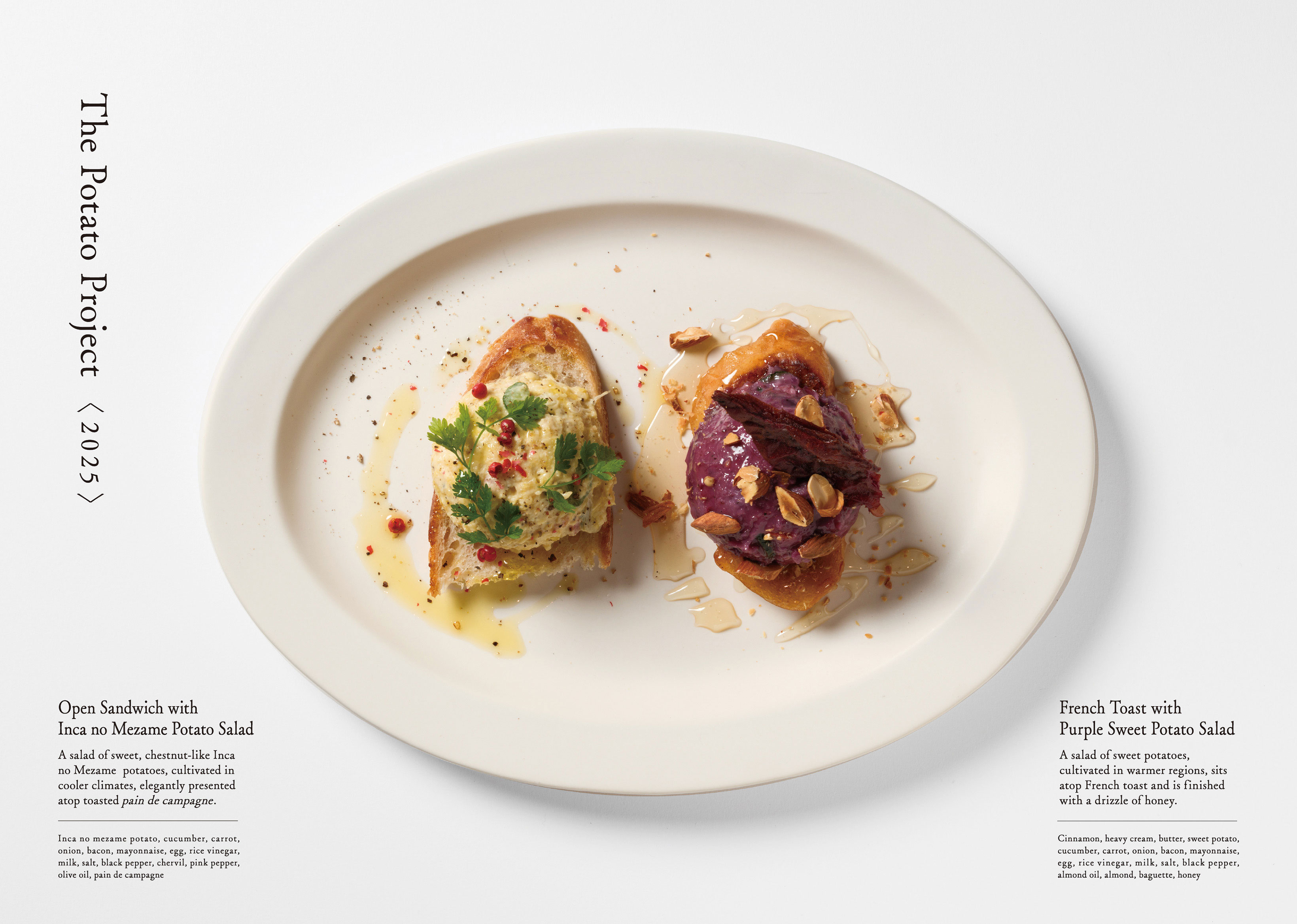 A dish photo of “The Potato Project 2025.” It features an open sandwich with potato salad and French toast with purple sweet potato salad.