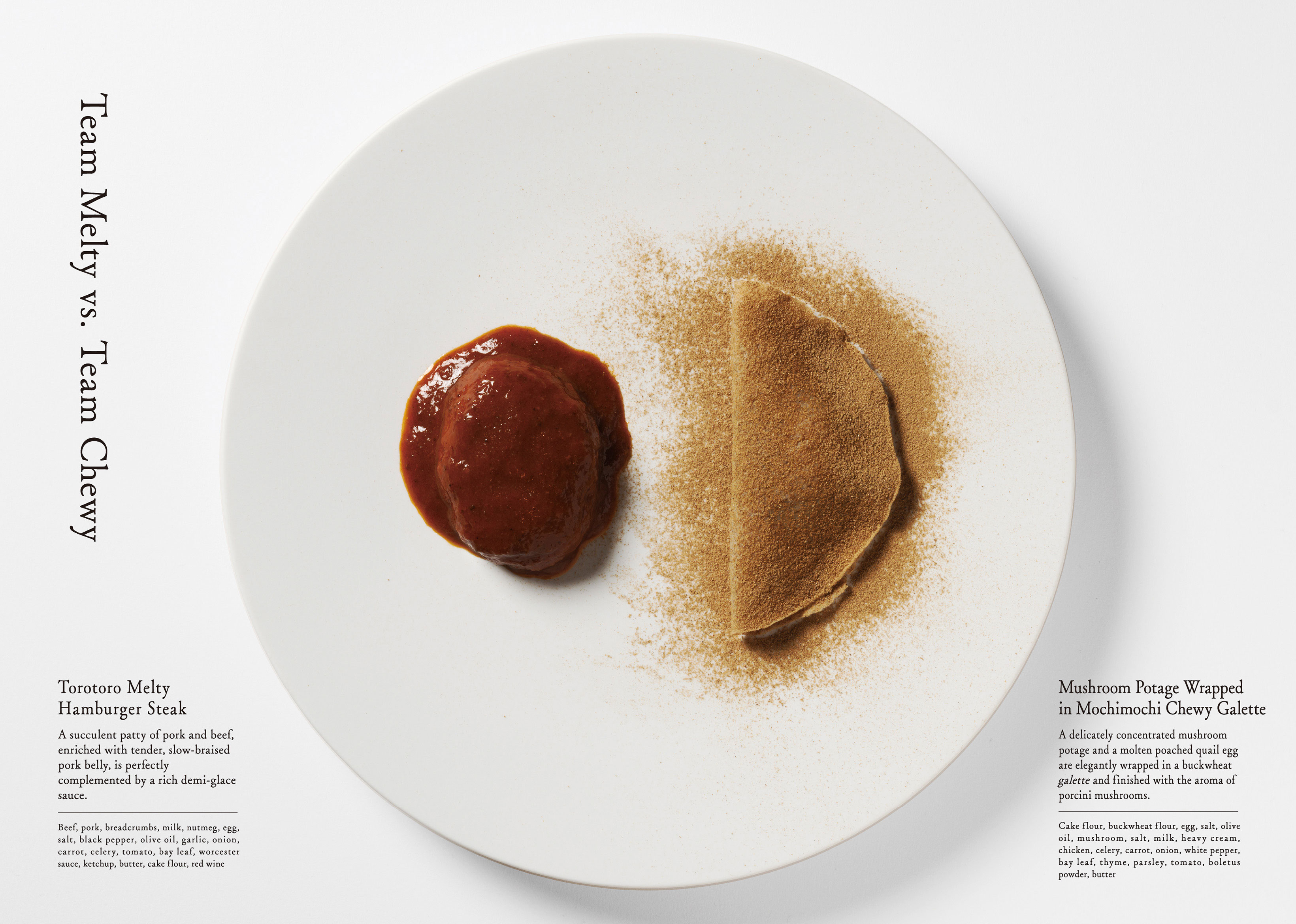 A dish photo of “Team Melty vs. Team Chewy.” It features a hamburger steak and mushroom potage.