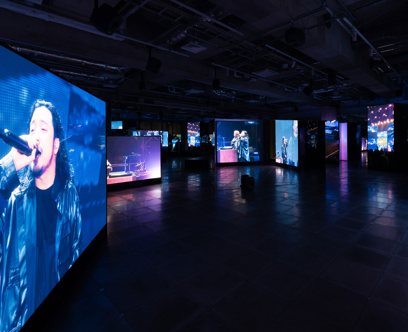 Exhibit. In a dimly lit space, large screens display scenes from a live performance.