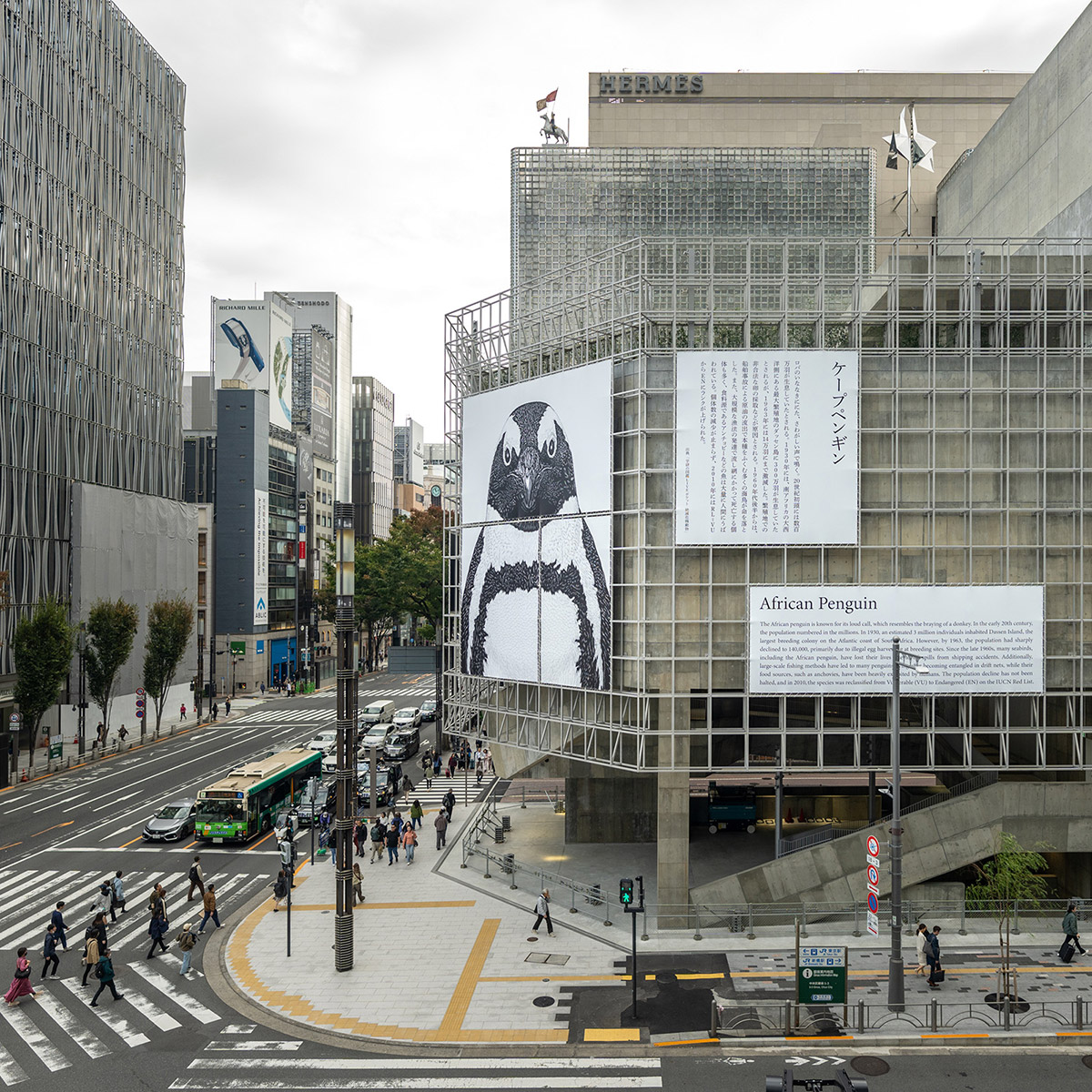 An exterior photo of the building, viewed from across the crossing. The stainless steel grid frames covering the concrete structure are adorned with monochrome banners depicting animals.