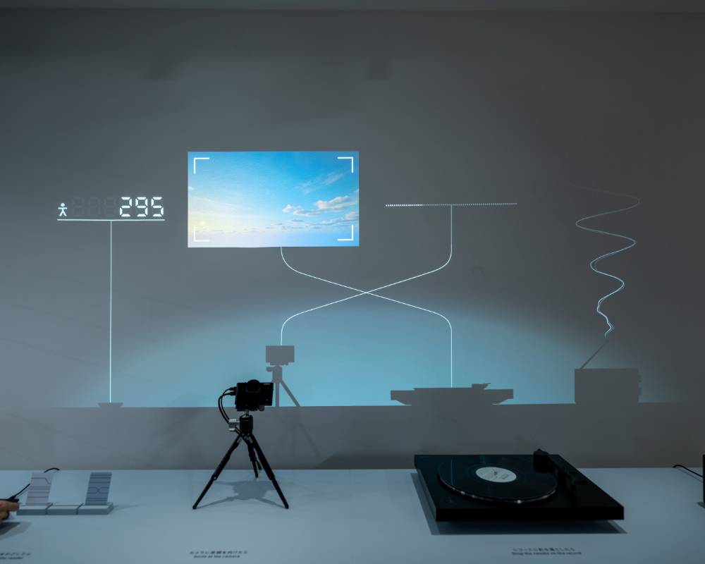 Exhibit. Four products are displayed on the table, with a video projected onto the wall that interacts with each of their shadows.